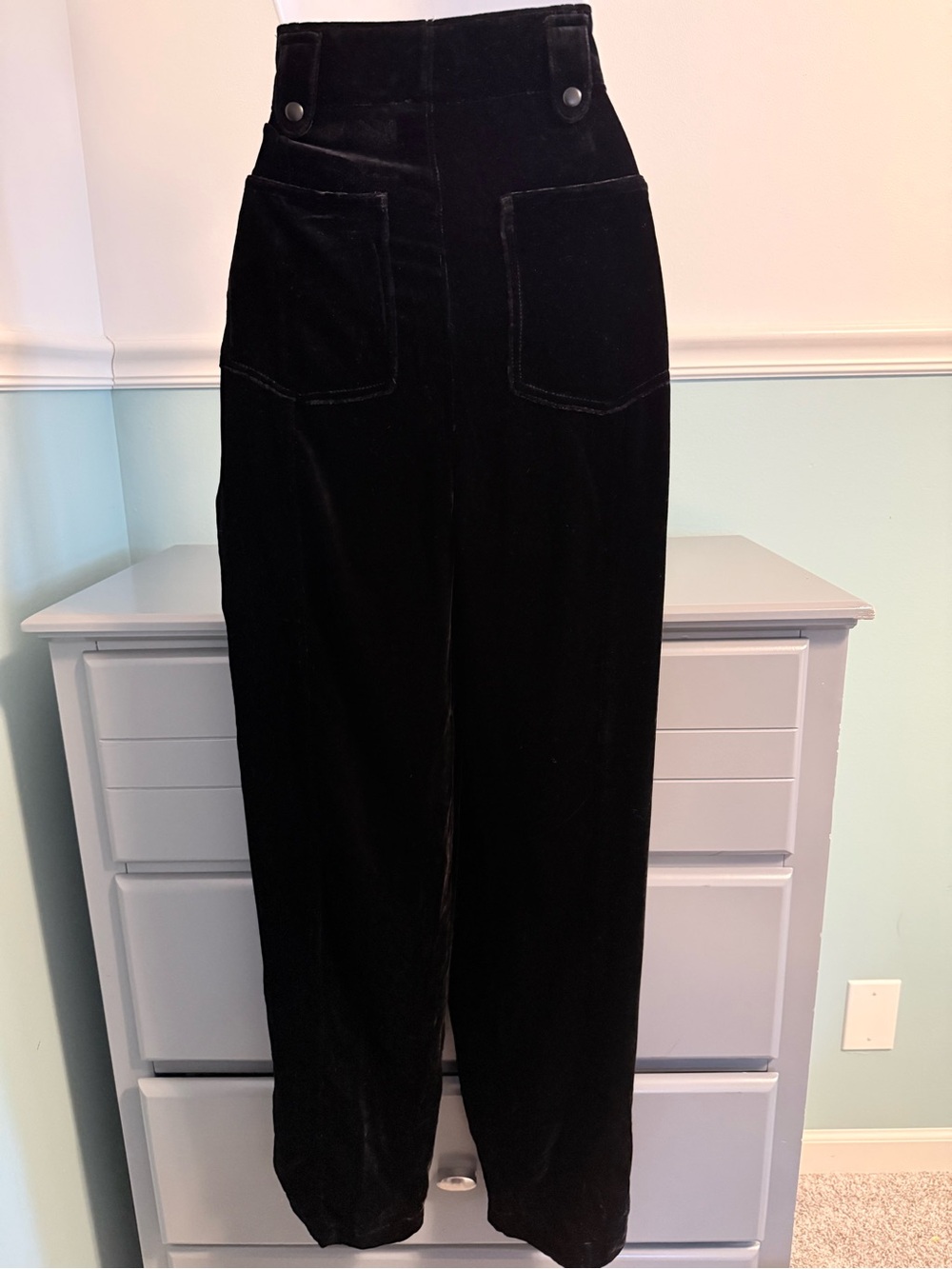 High-Waist Black Velvet Button-Front Trousers - Picture 2 of 7
